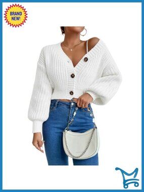 Chunky Cable Knit Crop Cardigan Button Front V-Neck Loose Fit Women's Sweater